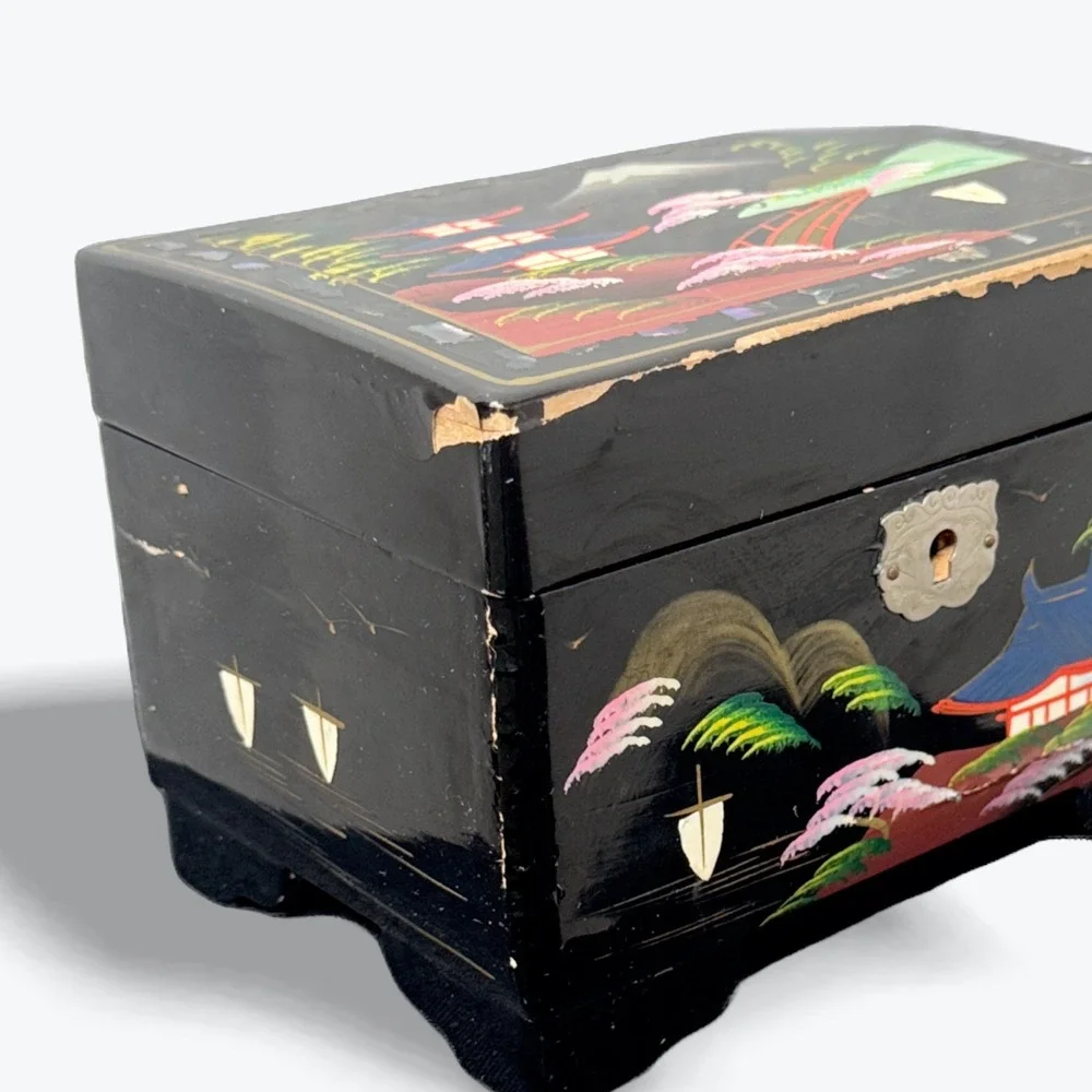 Vintage Japanese Lacquer Music Box Abalone Shell Inlay Blue Velvet Lined Mt Fugi